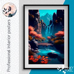 Serenity Falls: Stunning Waterfall & Orange Flowers Poster, Digital Poster, Wall Art, Water Poster, Gift Poster