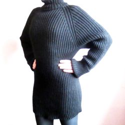 Oversize turtleneck sweater dress hand knitted merino wool adult pullover XS-3XL black seamless sweater raglan sleeves