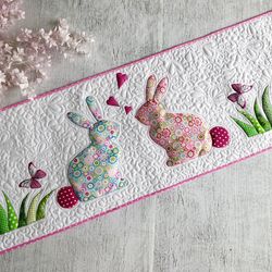 Quilted loving Easter bunnies table runner, Funny bunnies bed topper, Spring tablecloth, Bunnies and flowers quilted