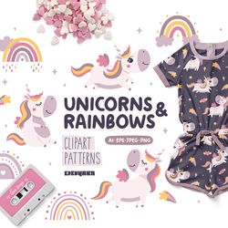 Unicorn clipart, Unicorn Digital Paper, Rainbow Clipart, Rainbow Paper, Unicorn Pattern, Unicorn png, Rainbow png