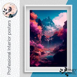 sakura serenity: mountain waterfall with cherry blossom trees digital poster. digital wall art, painting