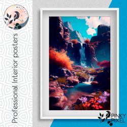 escape to nature: mountain waterfall and turquoise stream digital poste. digital art. digital gift. digital painting pdf