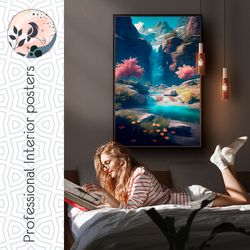 bring the serenity of nature into your home with our stunning waterfall and mountain poster, digital poster. digital.
