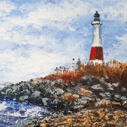 Lighthouse painting Original acrylic painting Montauk Lighthouse Long island art New York painting Lighthouse Wall Art