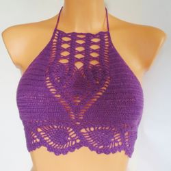Crochet bikini top women's sexy crop top pineapple print purple halter top fashion summer beach wear gift for Her