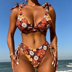 Floral Print Deep V Neck Tie Shoulder Bikini Swimsuit Thongs Beachwear Swimwear Beach Sea Summer Bathing Suits