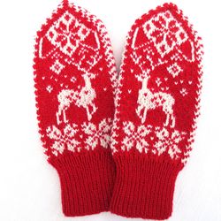 Merino wool mittens women's red white Christmas mittens with deer hand knitted Norwegian mittens unique gift for Her