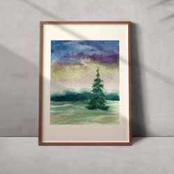Watercolor landscape printable file, Evergreen watercolor