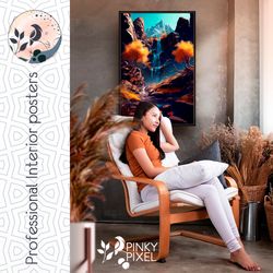 experience the majestic beauty of fall in the mountains with our golden waterfall poster, digital poster. digital art