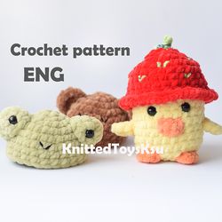 crochet duck pattern, duckling amigurumi easy crochet pattern housewarming gift ideas, duck with frog hat tutorial