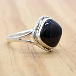 Square Black Onyx Gemstone Silver Ring For Women, Natural Crystal & 925 Sterling Silver Handmade Jewelry, Gift For Her