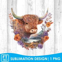 Highland Cow Sublimation Design - Watercolor PNG Design