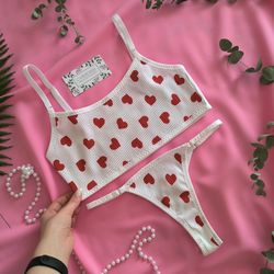 Valentine's Day underwear set "Love" for order | women bra, bralette and panties with print | buy handmade lingerie