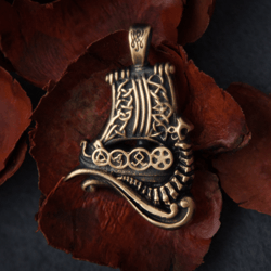 Viking boat Drakkar pendant on leather cord. Dragon ship handmade necklace. Scandinavian Nautical pagan jewelry.