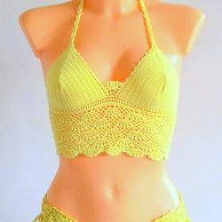 Crochet Bikini Swimsuit Women's Sexy Swimwear Yellow Lace Swimsuit Flowers Pattern Handmade Bikini Set Summer Beachwear