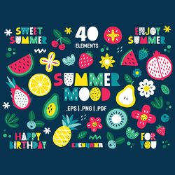 Summer Clipart, Summer Cards, Floral Clipart, Fruit Clipart, Summer png, Fruit png, Floral png, Greeting Cards