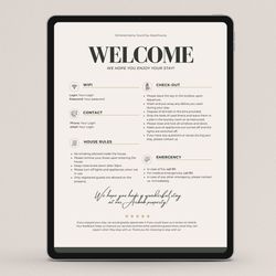 minimalist one-page welcome sign for airbnb or vrbo hosts: house rules, wi-fi, check-out info, vacation rental decor