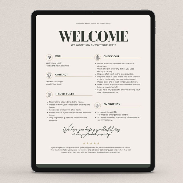 Minimalist One-Page Welcome Sign for Airbnb or VRBO Hosts House Rules, Wi-Fi, Check-Out Info, Vacation Rental Decor (1).jpg