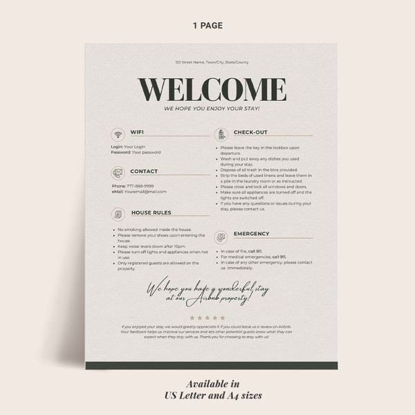 Minimalist One-Page Welcome Sign for Airbnb or VRBO Hosts House Rules, Wi-Fi, Check-Out Info, Vacation Rental Decor (3).jpg