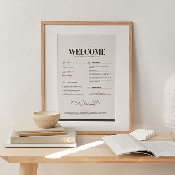 Minimalist One-Page Welcome Sign for Airbnb or VRBO Hosts House Rules, Wi-Fi, Check-Out Info, Vacation Rental Decor (4).jpg