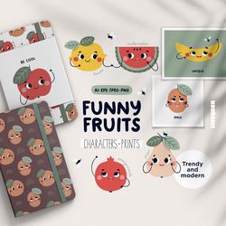 Funny Fruits Clipart, Fruit Character, Kids Poster, Fruit png, Fruit kawaii, Fruit collection, fruit illustration