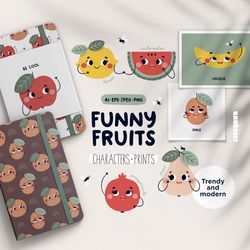 funny fruits clipart, fruit character, kids poster, fruit png, fruit kawaii, fruit collection, fruit illustration