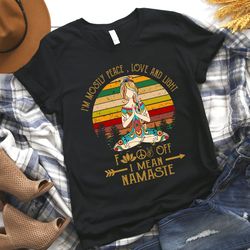 i'm mostly peace love and light women's yoga shirt, yoga silhouette shirt, yoga tee, namaste yoga shirt