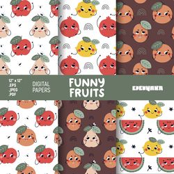 funny fruits digital paper, fruit seamless pattern, kids fruit, fruit kawaii, fruit paper