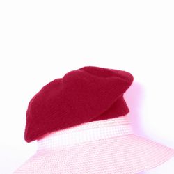 Classic french beret burgundy color hand knitted artist hat of merino wool romantic women's beret Christmas gift for Her