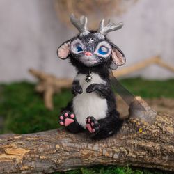 Black horned rabbit, Jackalope Art Doll Miniature Doll OOAK Toy