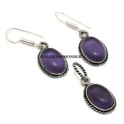 Natural Amethyst Gemstone Silver Plated Designer Earring & Pendant Set, Brass Plated Set, Attractive Jewelry For HER