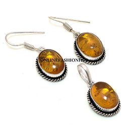 Offer Baltic Amber Gemstone Silver Plated Designer Earring & Pendant Set, Brass Plated Set, Attractive Jewelry For HER