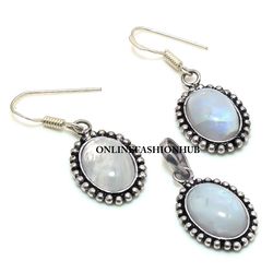 Natural Moonstone Gemstone Silver Plated Designer Earring & Pendant Set, Brass Plated Set, Ethnic Jewelry For HER