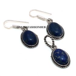 Positive Lapis Lazuli Gemstone Silver Plated Designer Earring & Pendant Set, Brass Plated Set, Ethnic Jewelry For HER