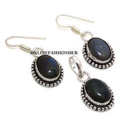 Natural Labradorite Gemstone Silver Plated Designer Earring & Pendant Set, Brass Plated Set, Ethnic Jewelry For HER