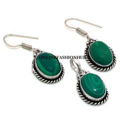 Trendy Malachite Gemstone Silver Plated Designer Earring & Pendant Set, Brass Plated Set, Ethnic Jewelry For HER