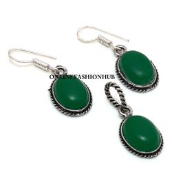 Green Onyx Gemstone Silver Plated Designer Earring & Pendant Set, Brass Plated Set, Ethnic Jewelry For HER