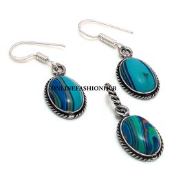 Rainbow Calsilica Gemstone Silver Plated Designer Earring & Pendant Set, Brass Plated Set, Attractive Jewelry For HER