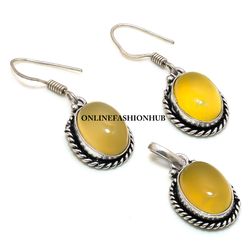 Yellow Onyx Gemstone Silver Plated Designer Earring & Pendant Set, Brass Plated Set, Ethnic Jewelry For HER