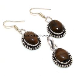 Natural Tiger's Eye Gemstone Silver Plated Designer Earring & Pendant Set, Brass Plated Set, Ethnic Jewelry For HER