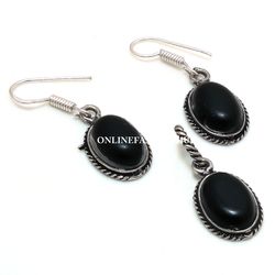 Lovely Black Onyx Gemstone Silver Plated Designer Earring & Pendant Set, Brass Plated Set, Ethnic Jewelry For HER