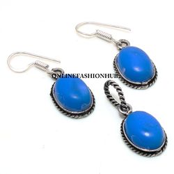 Trending Blue Agate Gemstone Silver Plated Designer Earring & Pendant Set, Brass Plated Set, Jewelry For HER