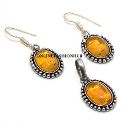 Sale Baltic Amber Gemstone Silver Plated Designer Earring & Pendant Set, Brass Plated Set, Attractive Jewelry For HER