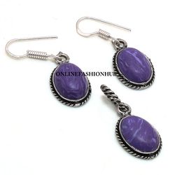 Awesome Charoite Gemstone Silver Plated Designer Earring & Pendant Set, Brass Plated Set, Ethnic Jewelry For HER