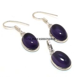 Natural Amethyst Gemstone Silver Plated Bezel  Earring & Pendant Set, Brass Plated Set, Ethnic Jewelry For Good Luck