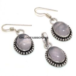 Natural Rose Quartz Gemstone Silver Plated Design Earring & Pendant Set, Brass Plated Set, Ethnic Jewelry For Good Vibe