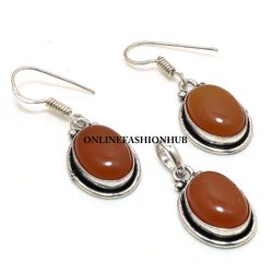 Natural Carnelian Gemstone Silver Plated Design  Earring & Pendant Set, Brass Plated Set, Trending Jewelry For Good Luck