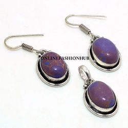 Purple Turquoise Gemstone Silver Plated Designer Earring & Pendant Set, Brass Plated Set, Trendy Jewelry For Good Luck