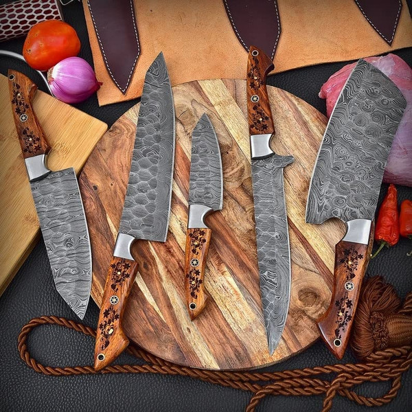 Handmade Damascus Kitchen Steak Knives, Steak Knife Set, Handmade Knives,  Hand Forged Kitchen Knife Chef Set,bbq Knife,birthday Gift for Men 