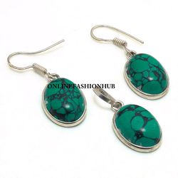 Turquoise Gemstone Silver Plated Bezel Earring & Pendant Set, Brass Plated Set, Trendy Jewelry For Good Luck